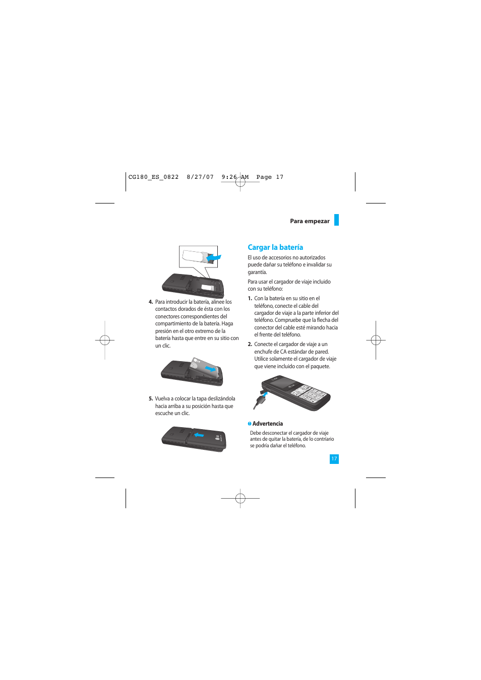 Cargar la batería | LG CG180 User Manual | Page 107 / 182