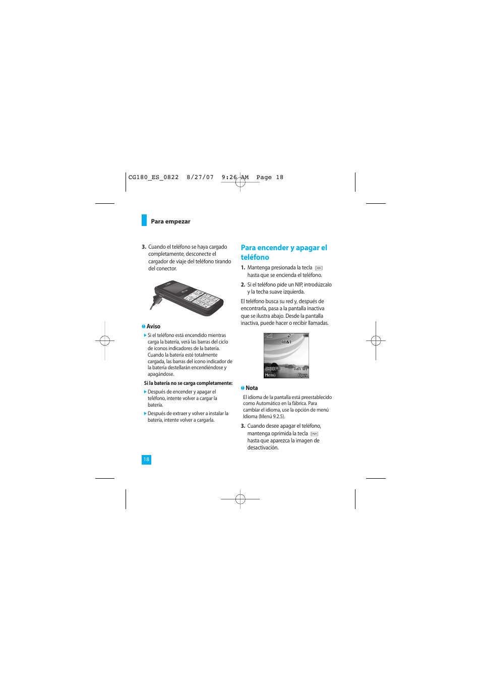Para encender y apagar el teléfono | LG CG180 User Manual | Page 108 / 182