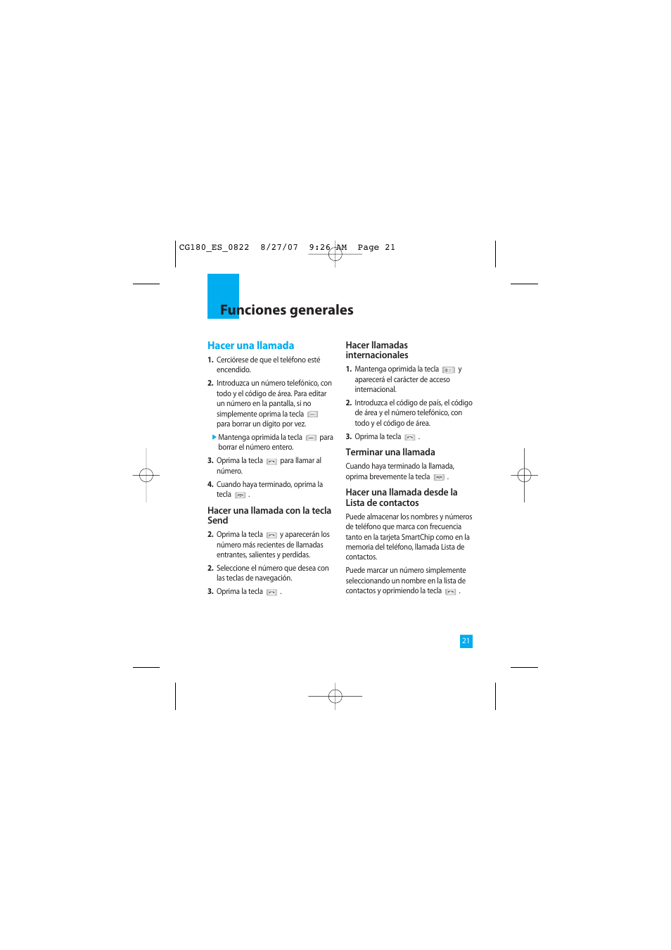 Funciones generales, Hacer una llamada | LG CG180 User Manual | Page 111 / 182