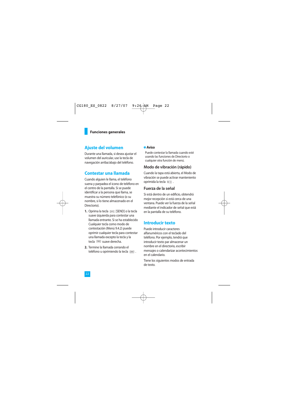 Ajuste del volumen, Contestar una llamada, Introducir texto | LG CG180 User Manual | Page 112 / 182