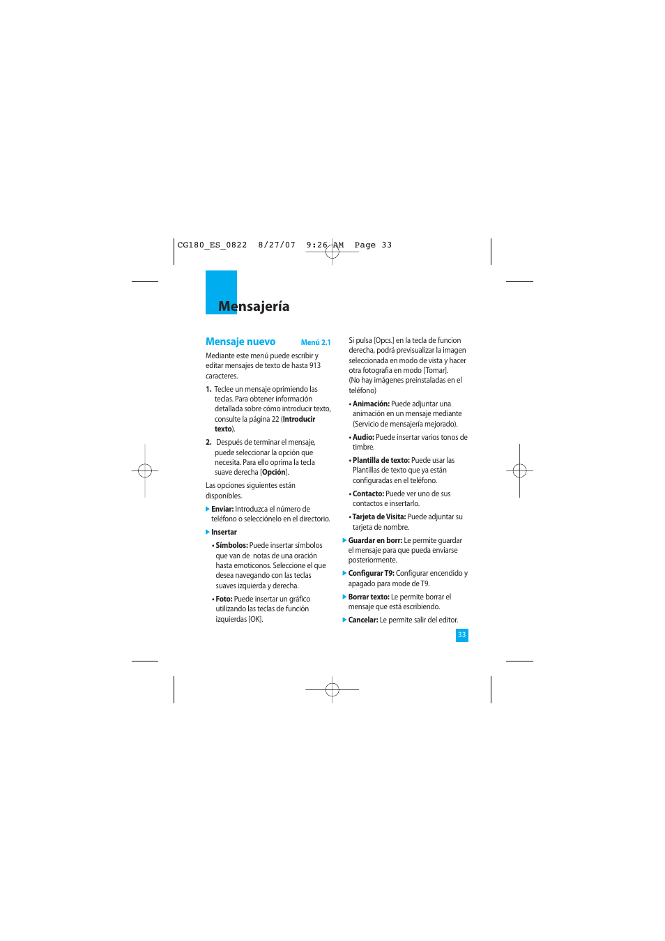 Mensajería, Mensaje nuevo | LG CG180 User Manual | Page 123 / 182