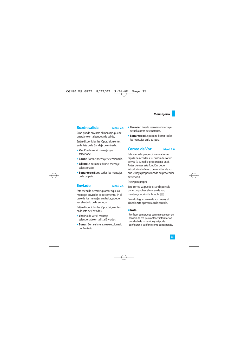 Buzón salida, Enviado, Correo de voz | LG CG180 User Manual | Page 125 / 182