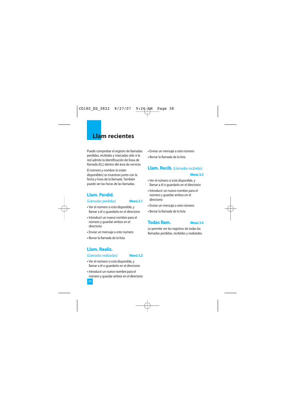 Llam recientes | LG CG180 User Manual | Page 128 / 182