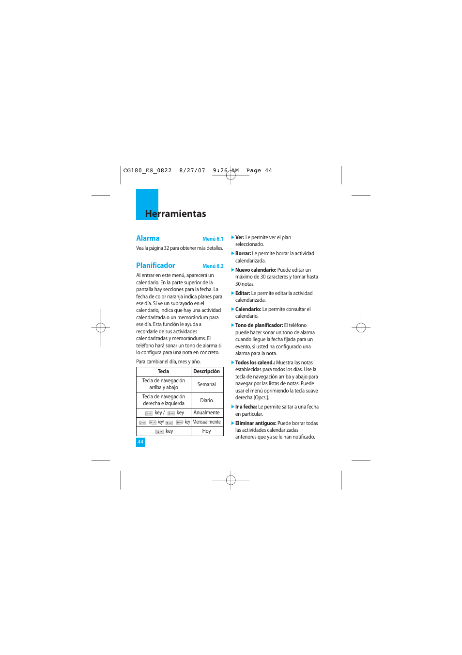 Herramientas, Alarma, Planificador | LG CG180 User Manual | Page 134 / 182