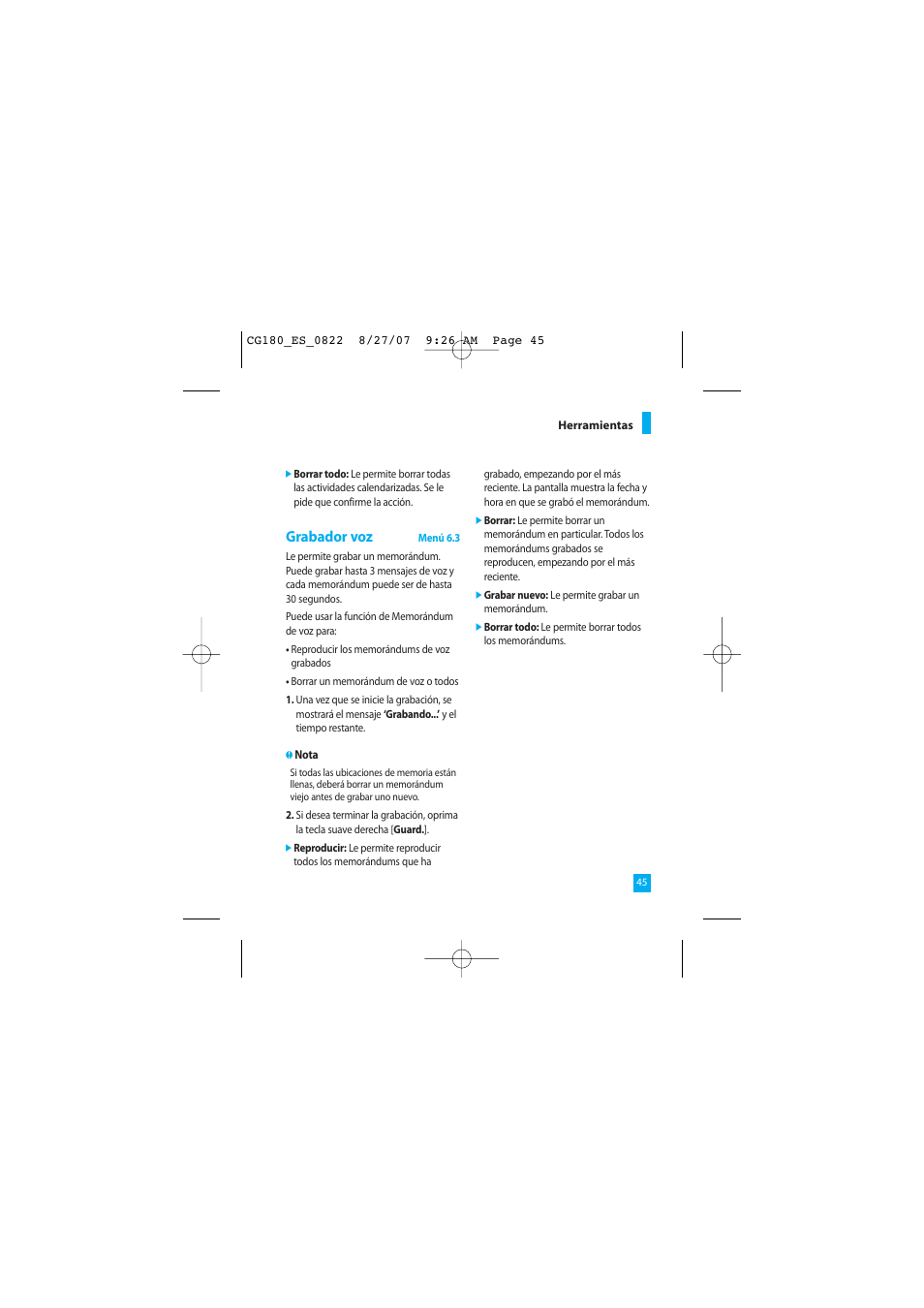 Grabador voz | LG CG180 User Manual | Page 135 / 182