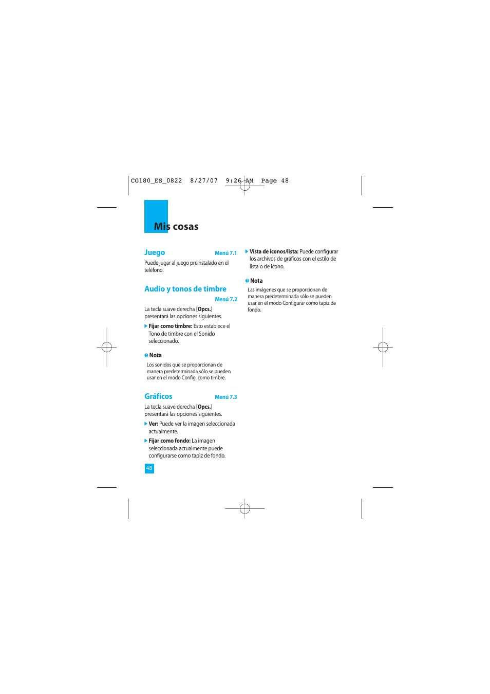 Mis cosas, Juego, Audio y tonos de timbre | Gráficos | LG CG180 User Manual | Page 138 / 182