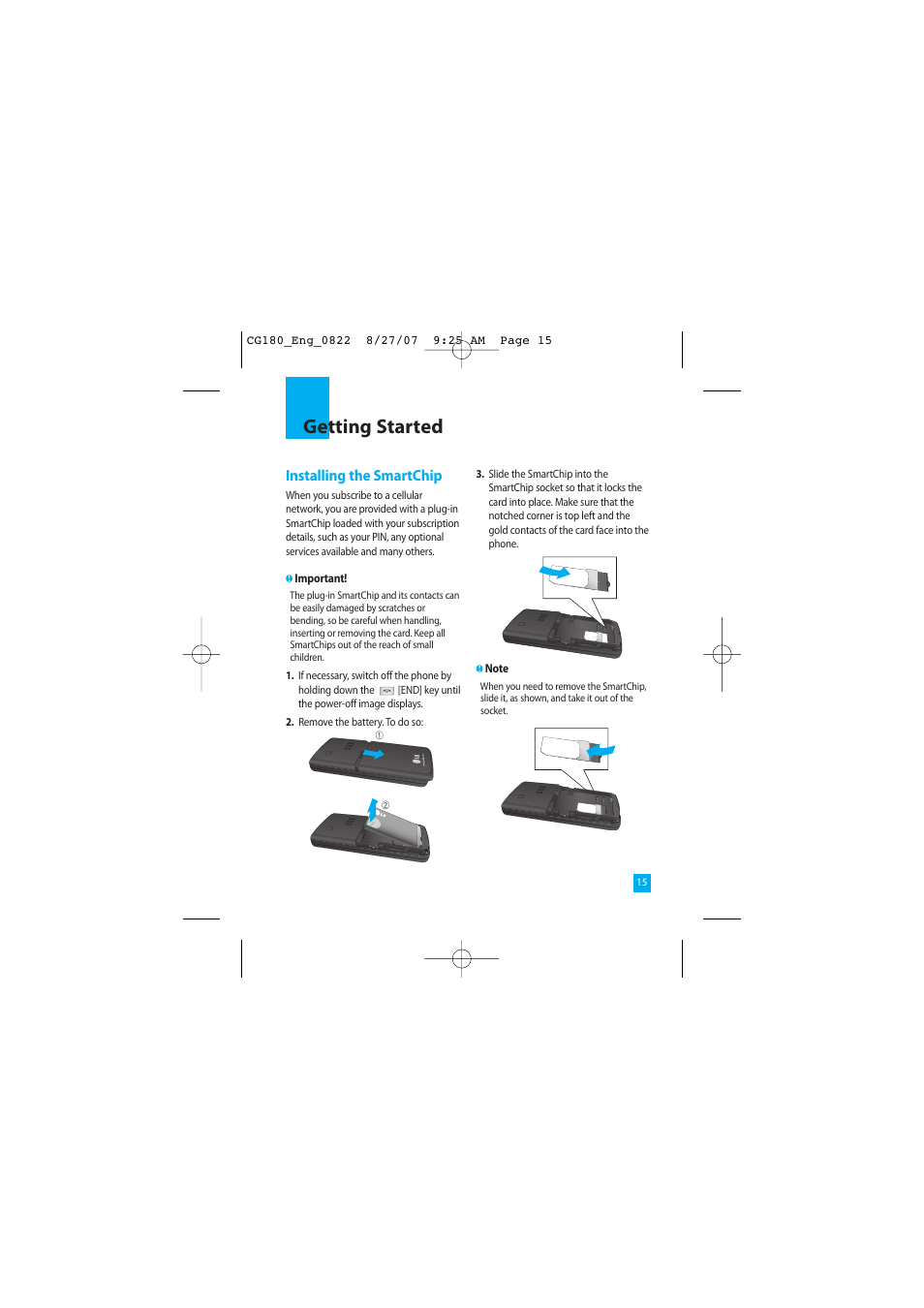 Getting started, Installing the smartchip | LG CG180 User Manual | Page 19 / 182