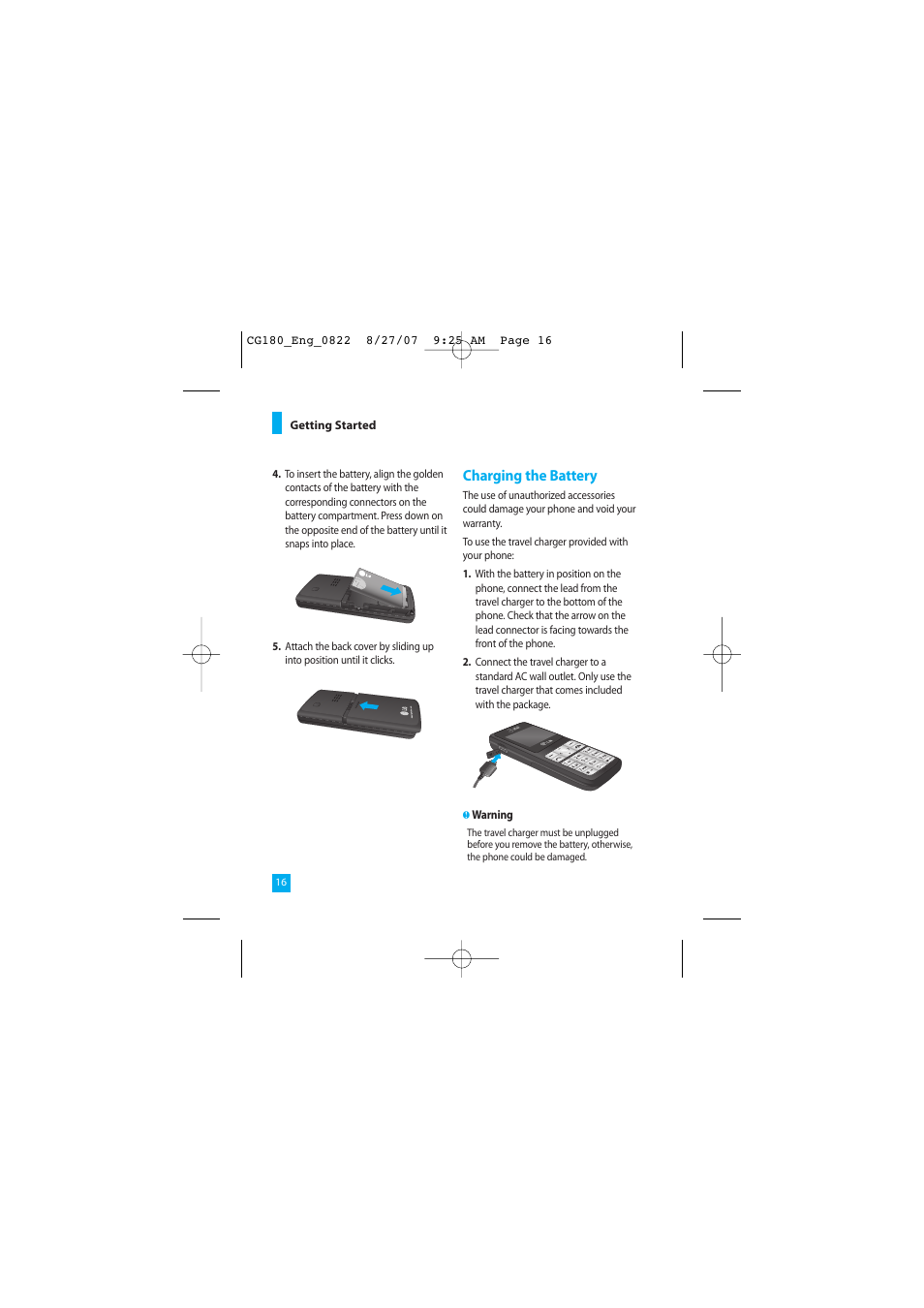 Charging the battery | LG CG180 User Manual | Page 20 / 182