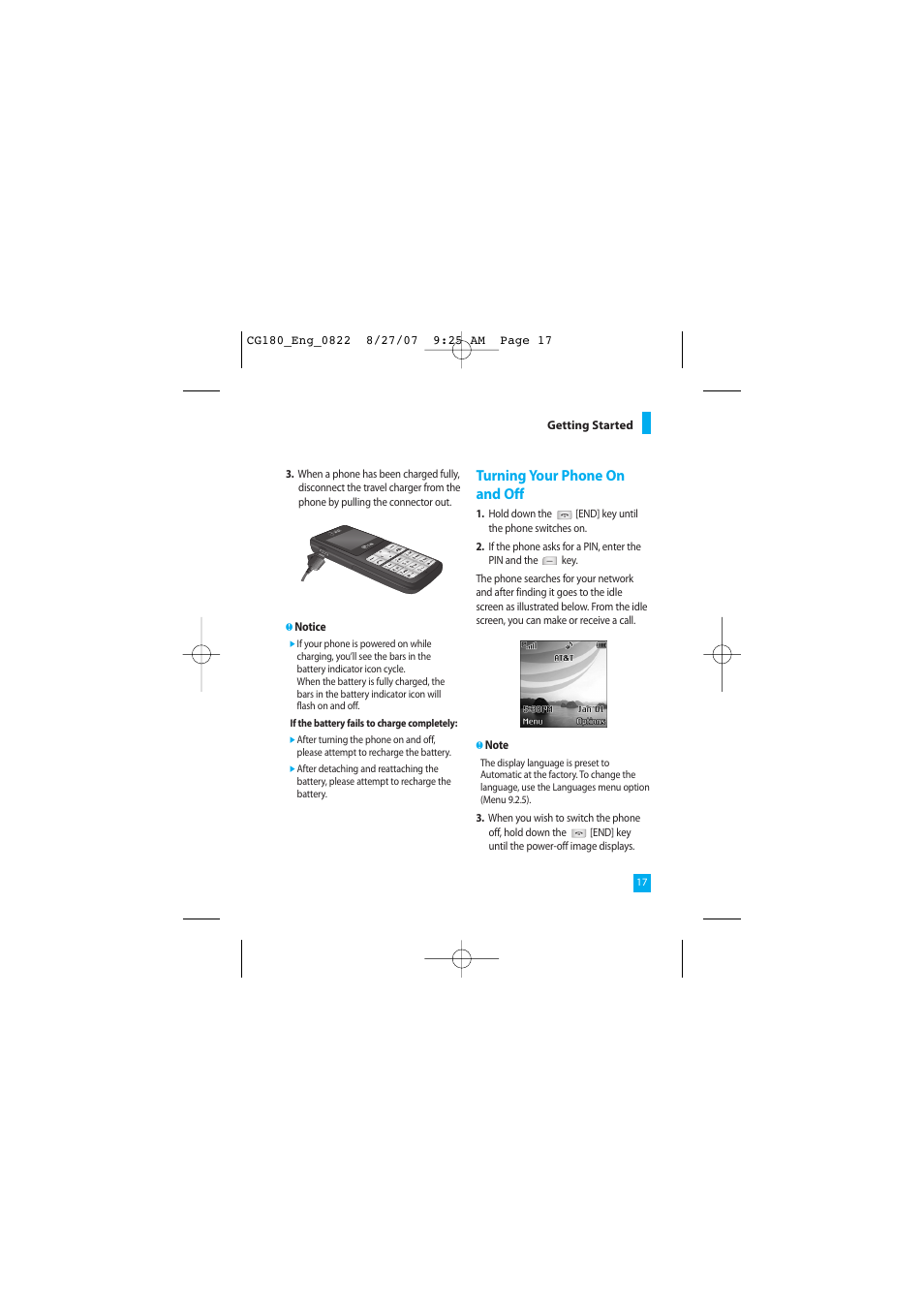 Turning your phone on and off | LG CG180 User Manual | Page 21 / 182