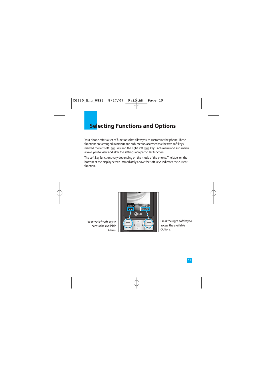 Selecting functions and options | LG CG180 User Manual | Page 23 / 182