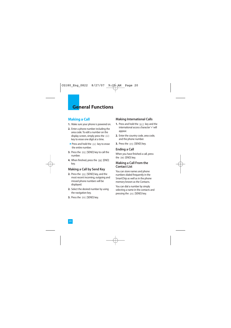 General functions, Making a call | LG CG180 User Manual | Page 24 / 182