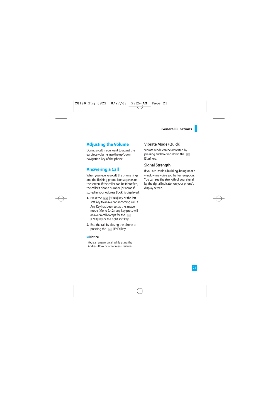 Adjusting the volume, Answering a call | LG CG180 User Manual | Page 25 / 182