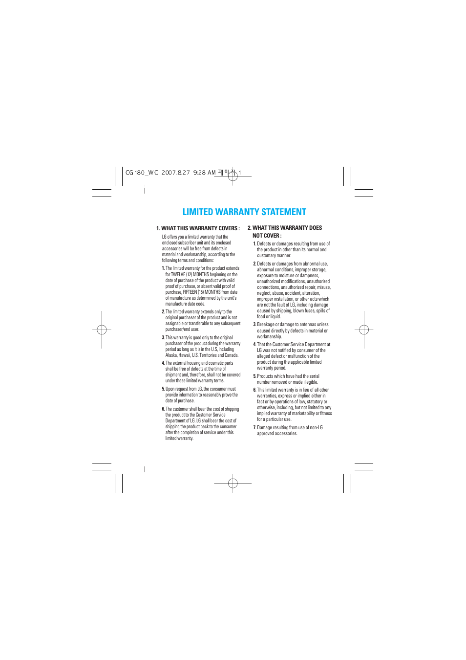 Limited warranty statement | LG CG180 User Manual | Page 3 / 182