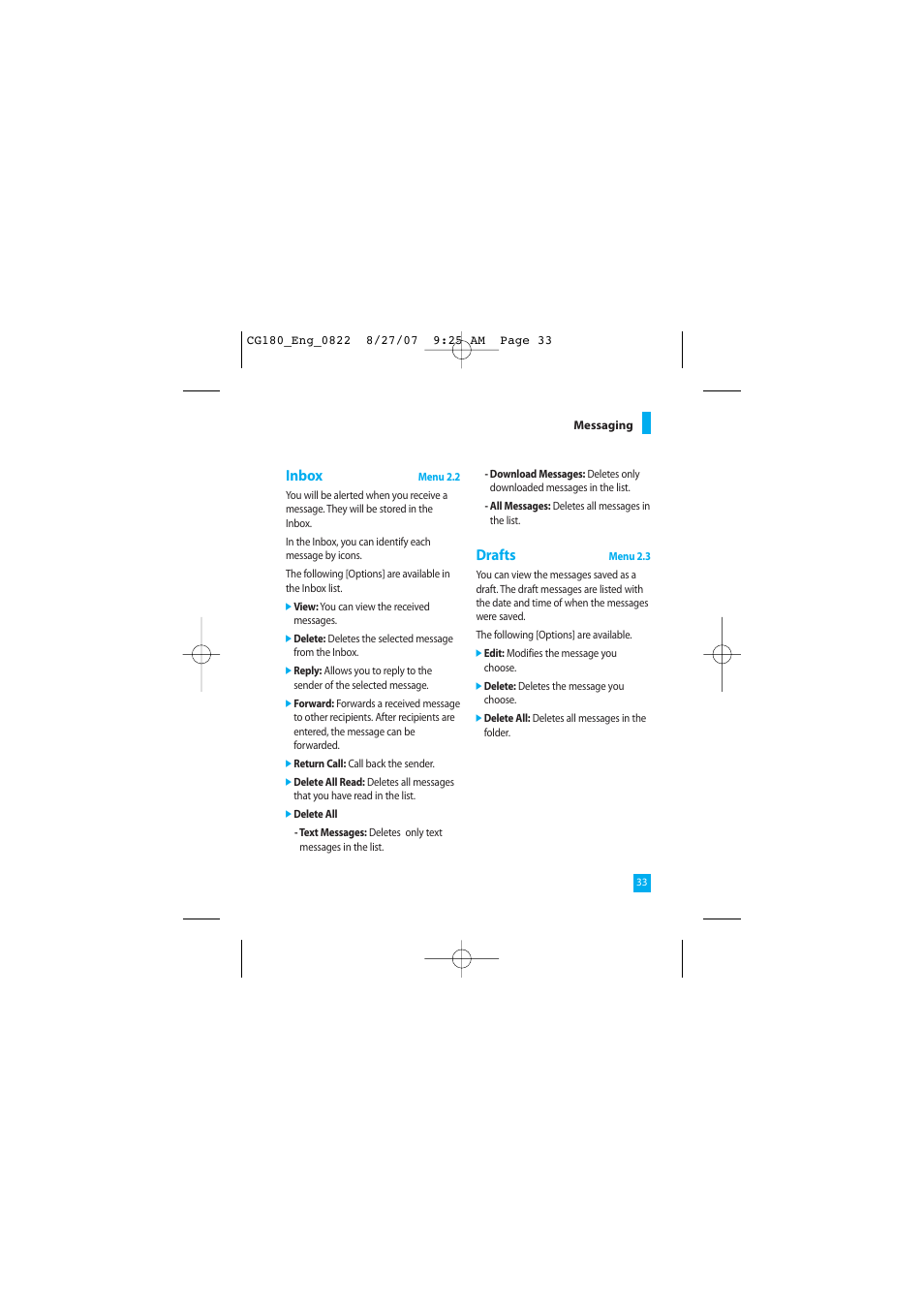 Inbox, Drafts | LG CG180 User Manual | Page 37 / 182