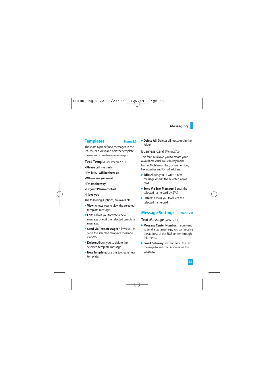 Templates, Message settings | LG CG180 User Manual | Page 39 / 182