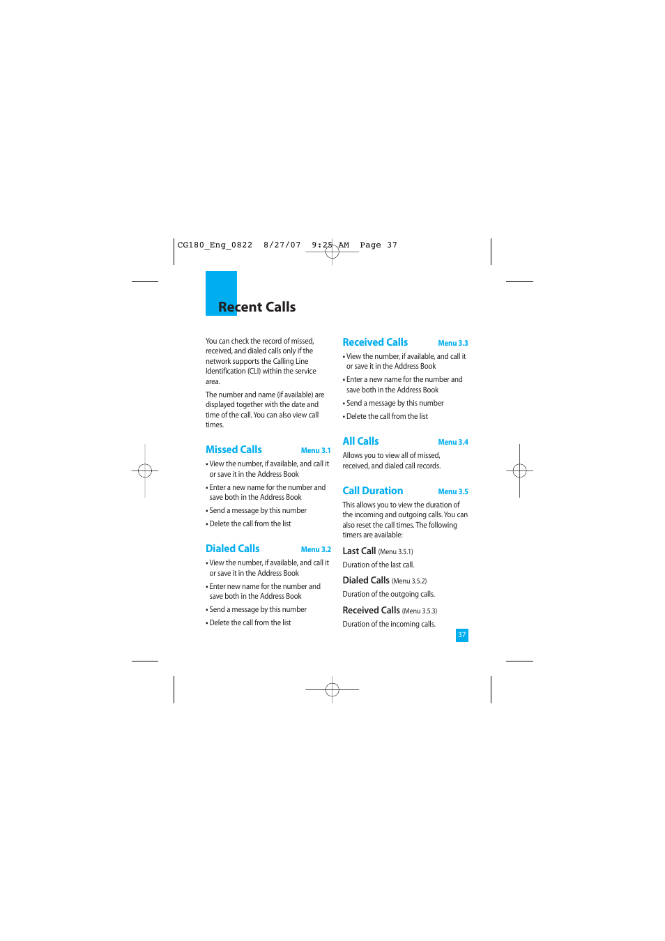 Recent calls | LG CG180 User Manual | Page 41 / 182