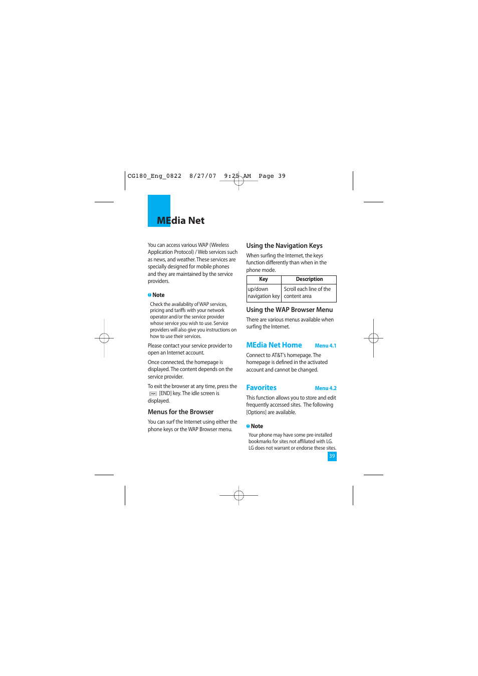 Media net, Media net home, Favorites | LG CG180 User Manual | Page 43 / 182