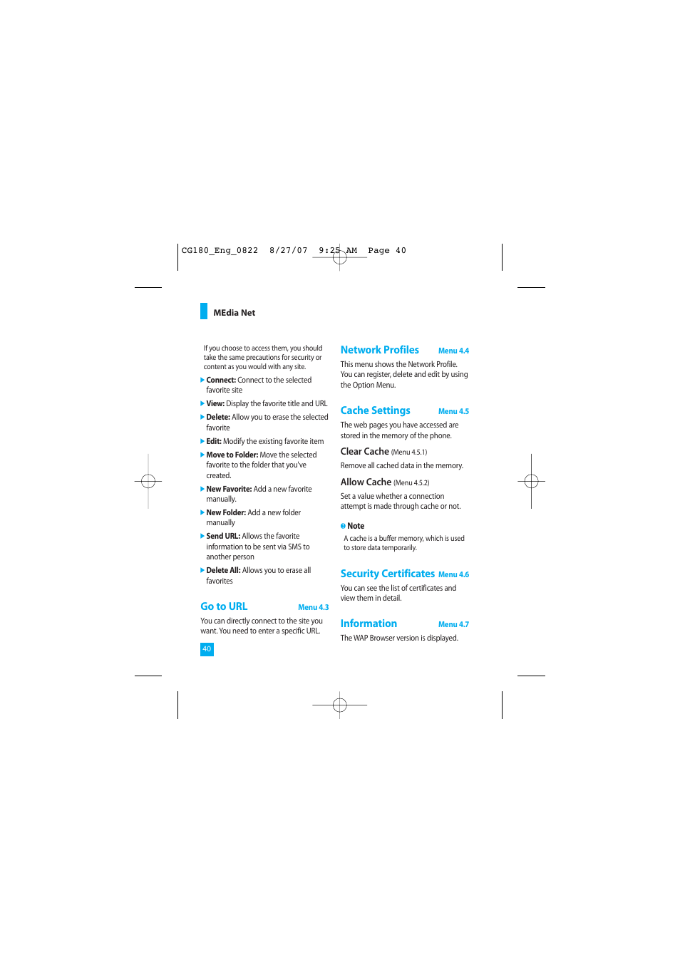 Go to url, Network profiles, Cache settings | Security certificates, Information | LG CG180 User Manual | Page 44 / 182