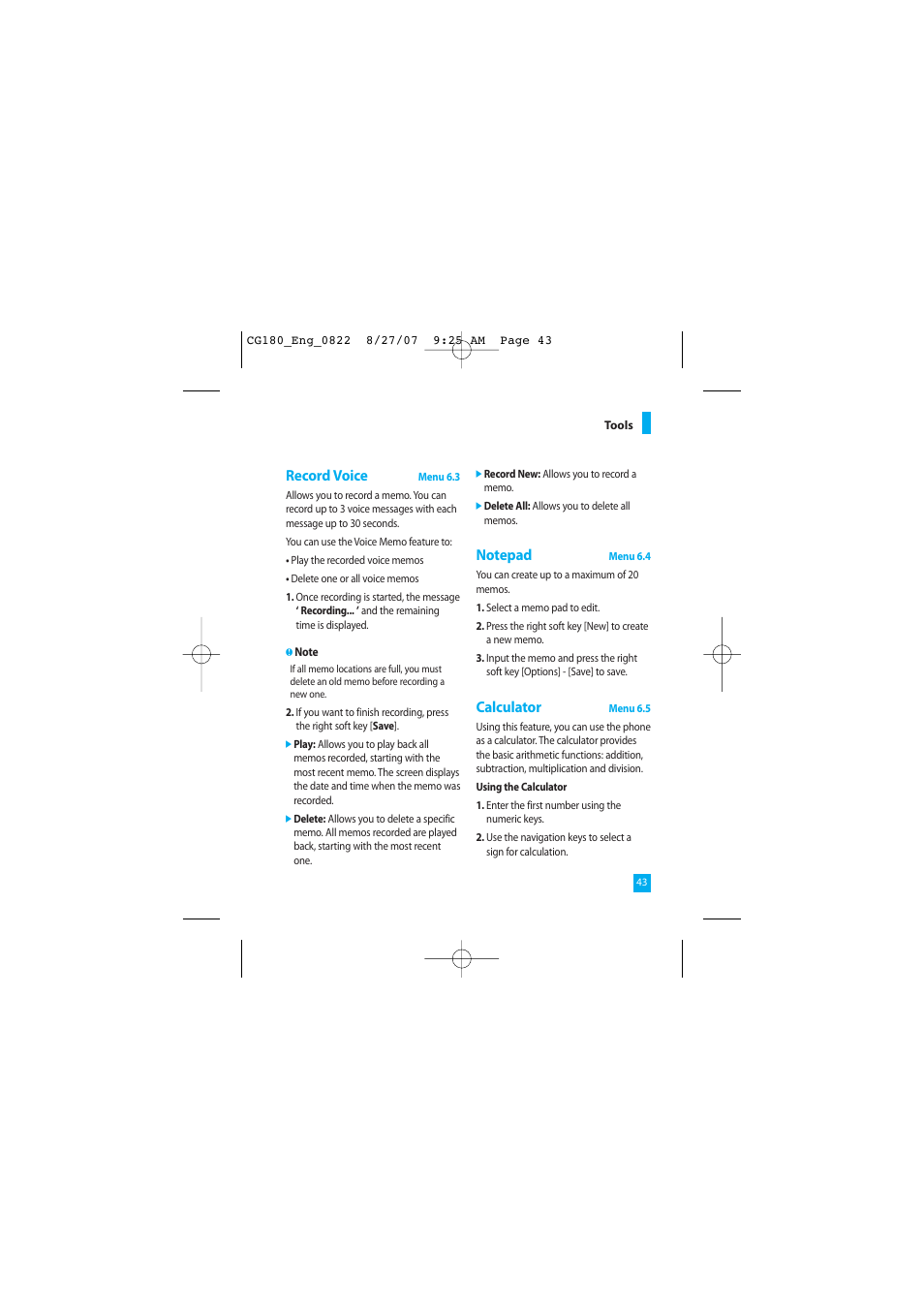 Record voice, Calculator | LG CG180 User Manual | Page 47 / 182