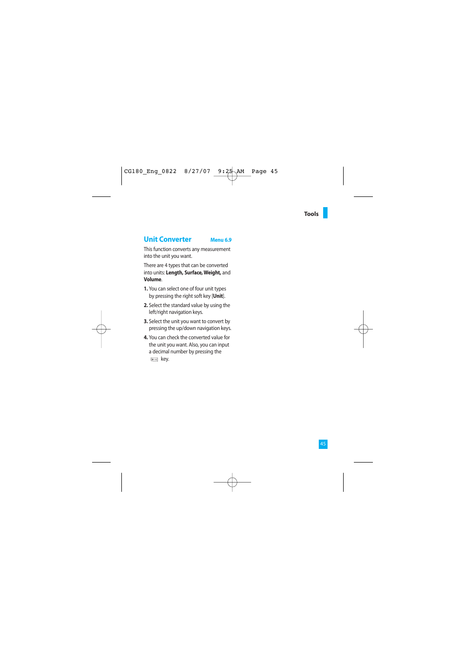 Unit converter | LG CG180 User Manual | Page 49 / 182