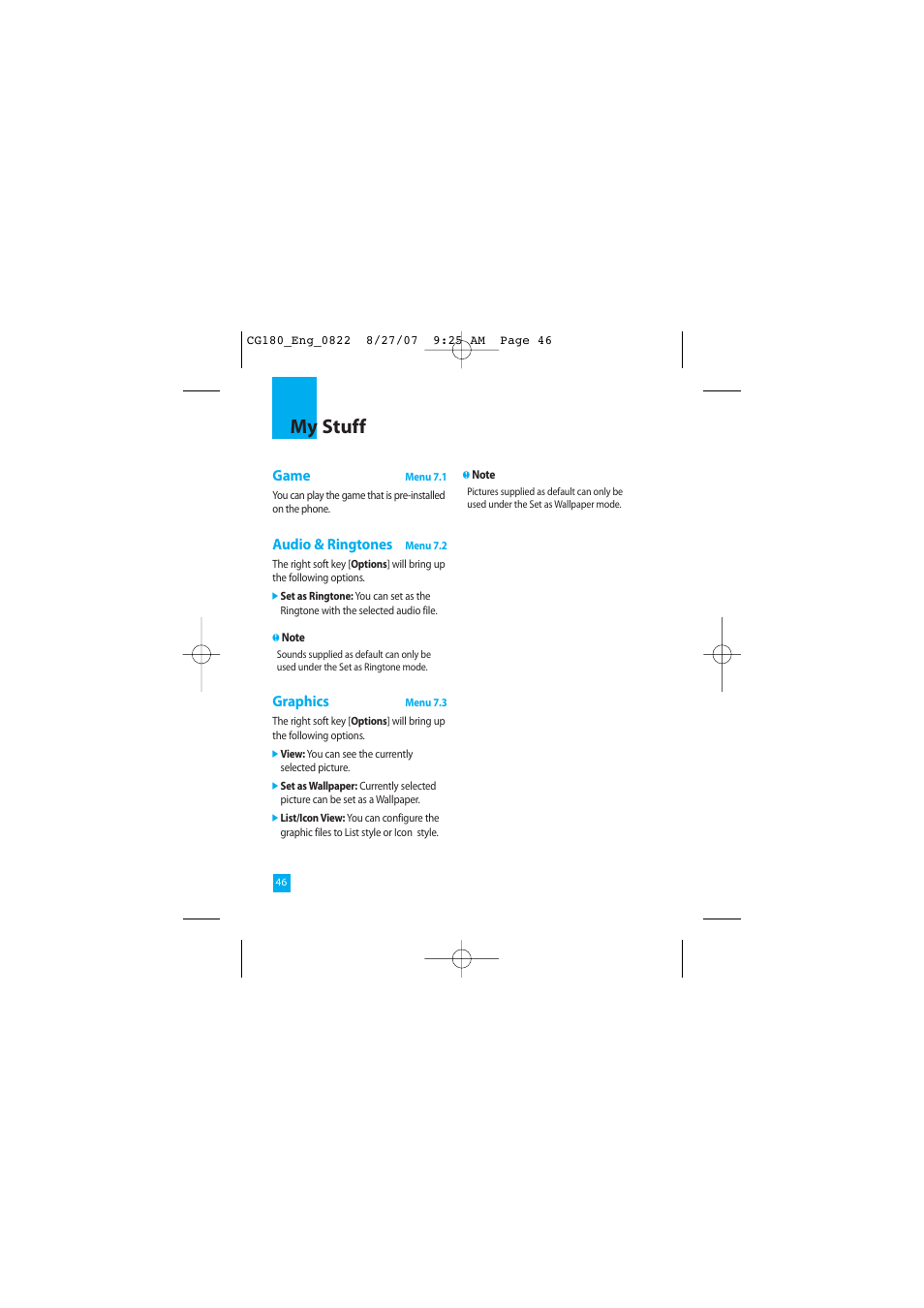 My stuff, Game, Audio & ringtones | Graphics | LG CG180 User Manual | Page 50 / 182