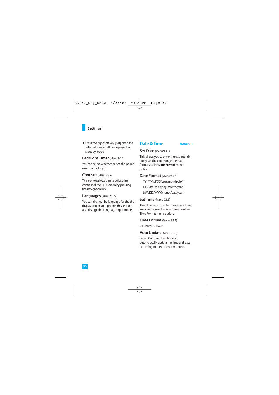 Date & time | LG CG180 User Manual | Page 54 / 182