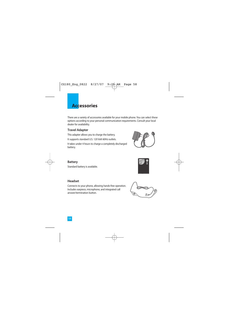 Accessories | LG CG180 User Manual | Page 62 / 182