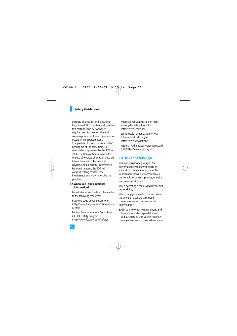 10 driver safety tips | LG CG180 User Manual | Page 76 / 182