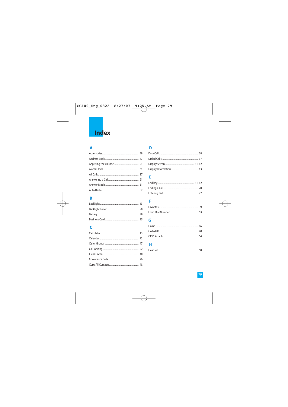 Index | LG CG180 User Manual | Page 83 / 182