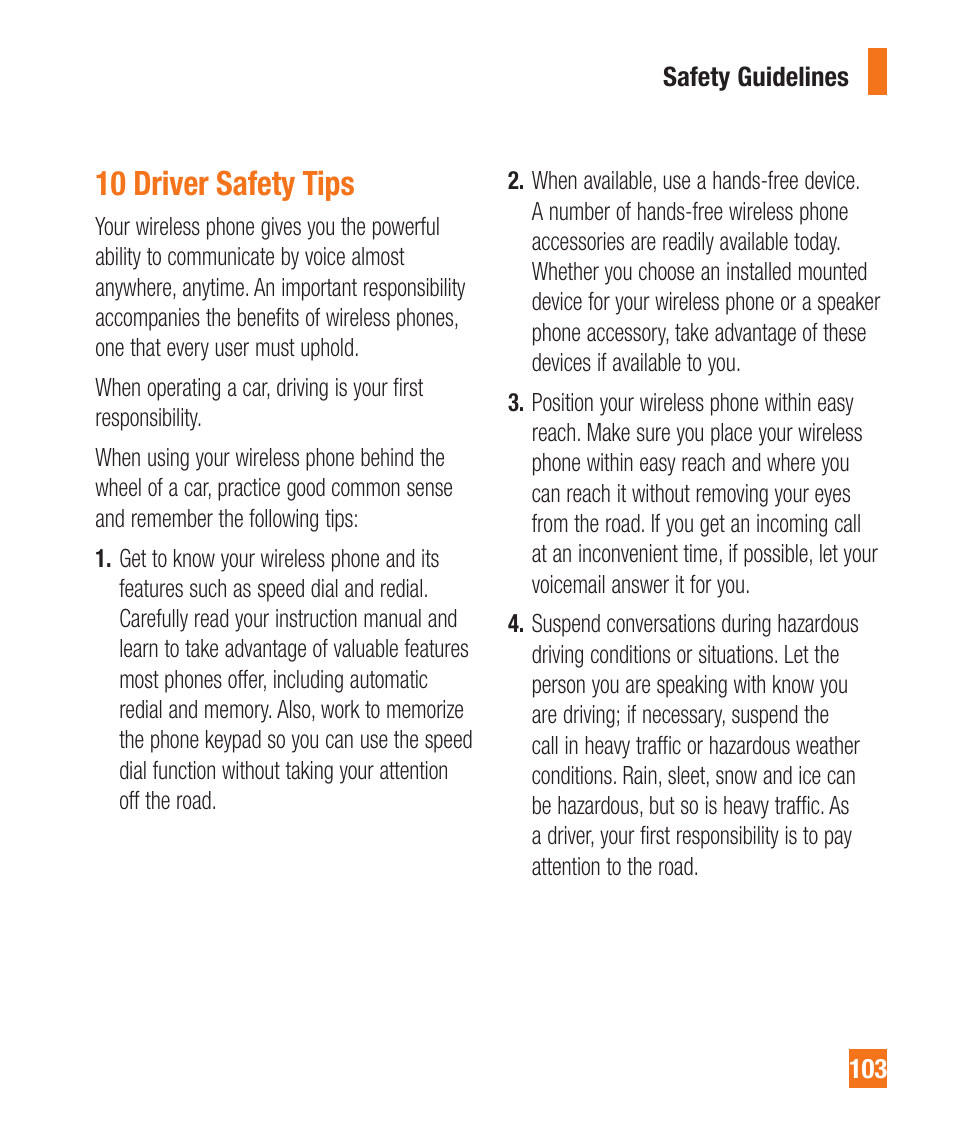 10 driver safety tips | LG A340 User Manual | Page 103 / 113