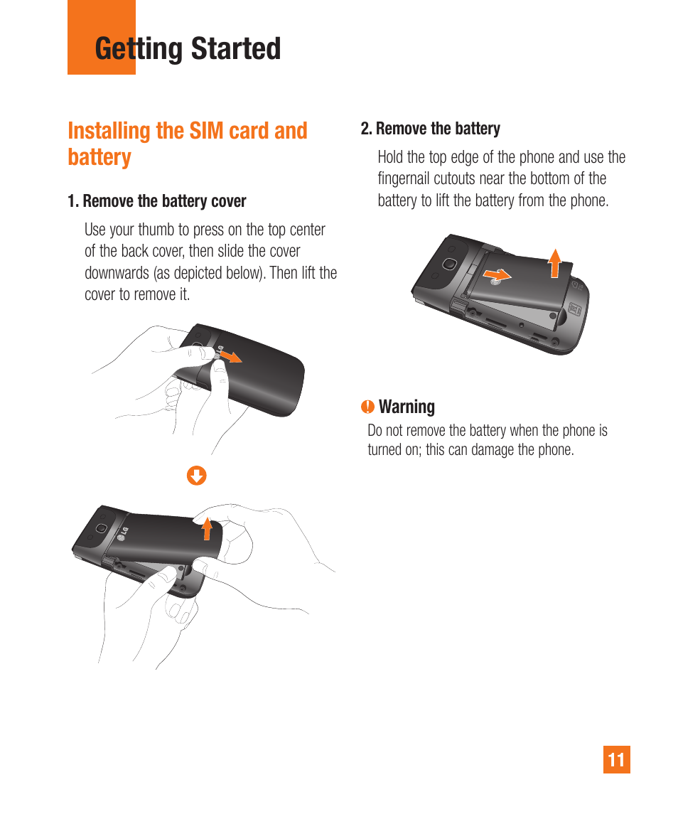 Getting started, Installing the sim card andbattery, Installing the sim card and battery | LG A340 User Manual | Page 11 / 113