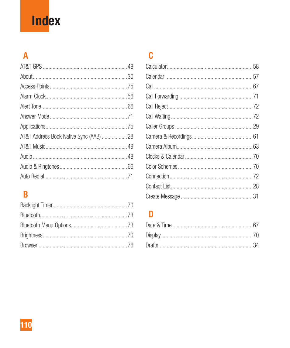 Index | LG A340 User Manual | Page 110 / 113