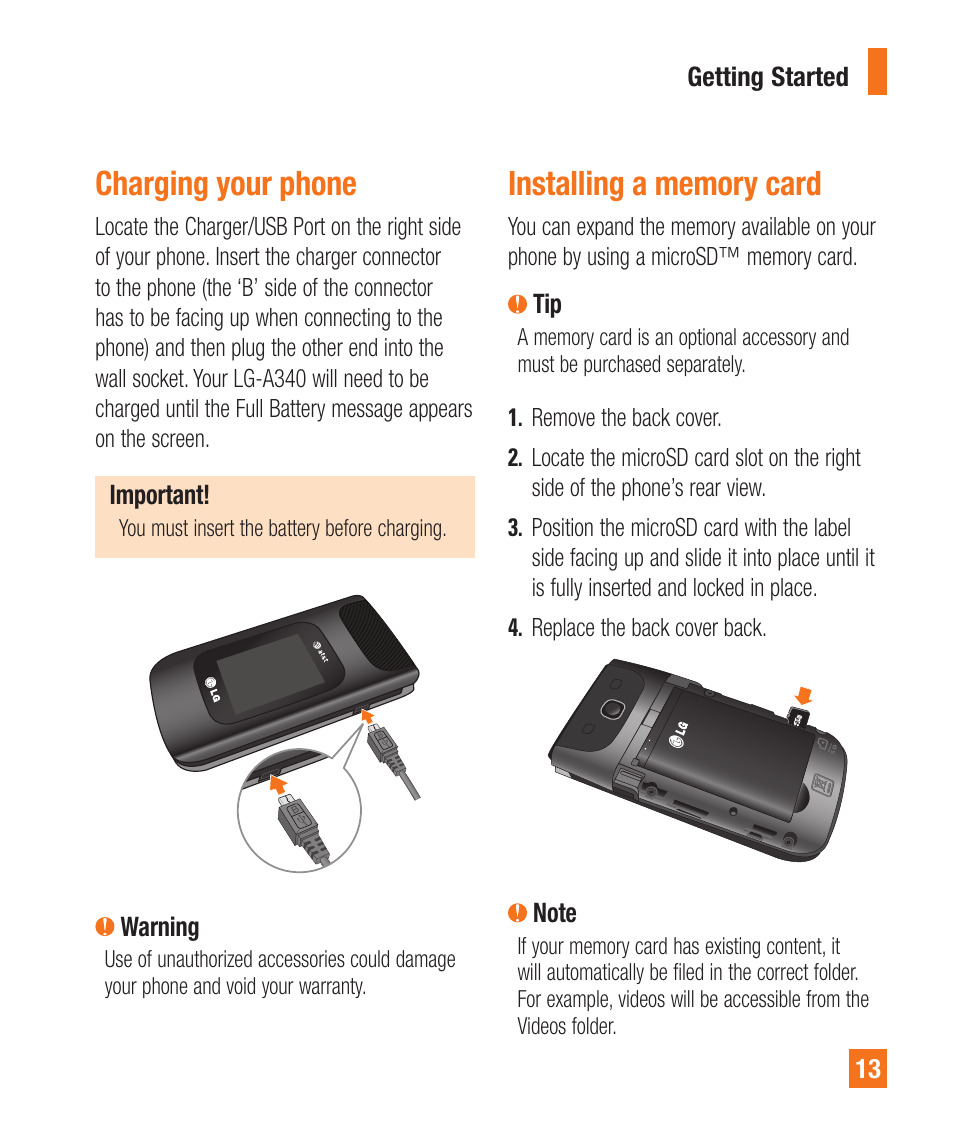 Charging your phone, Installing a memory card | LG A340 User Manual | Page 13 / 113