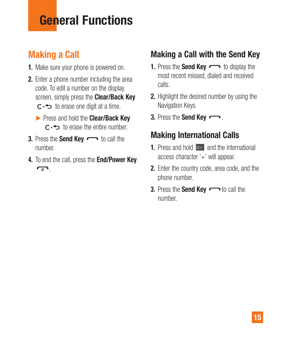 General functions, Making a call, Making a call with the send key | Making international calls | LG A340 User Manual | Page 15 / 113