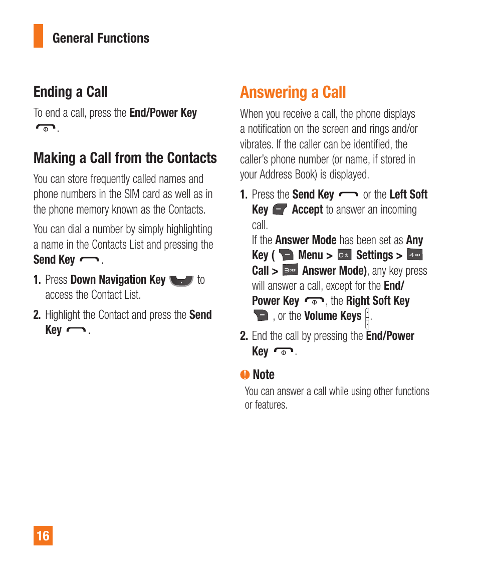 Answering a call, Ending a call, Making a call from the contacts | LG A340 User Manual | Page 16 / 113