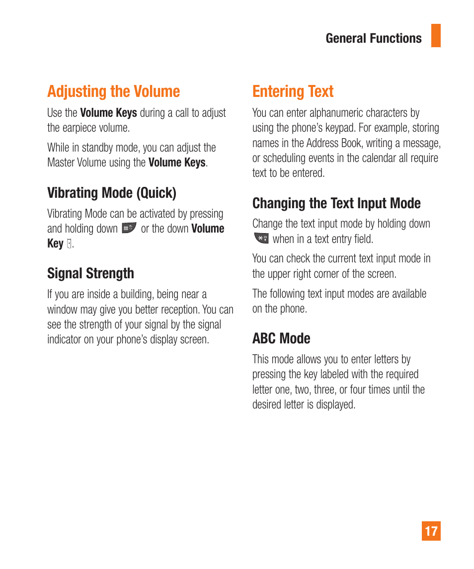 Adjusting the volume, Entering text | LG A340 User Manual | Page 17 / 113