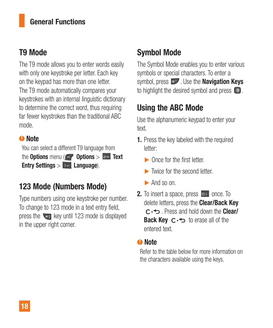 T9 mode, 123 mode (numbers mode), Symbol mode | Using the abc mode | LG A340 User Manual | Page 18 / 113