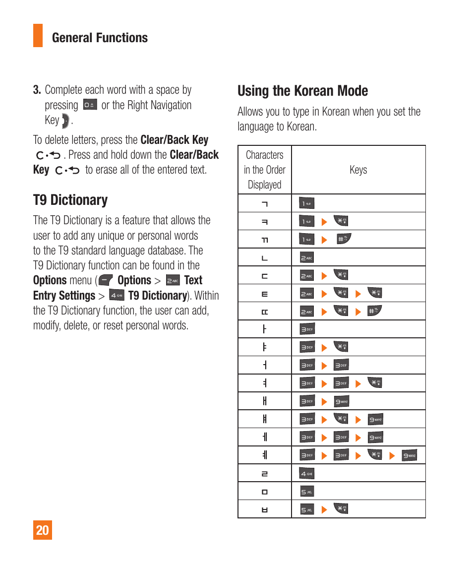 T9 dictionary, Using the korean mode | LG A340 User Manual | Page 20 / 113