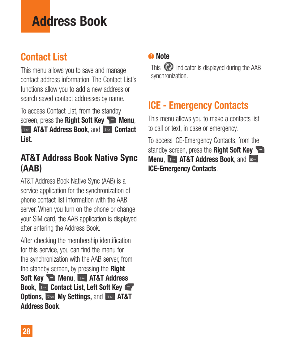 Address book, Contact list, Ice - emergency contacts | At&t address book native sync (aab) | LG A340 User Manual | Page 28 / 113