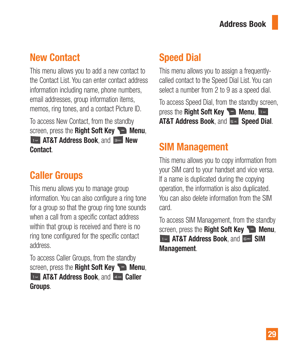 New contact, Caller groups, Speed dial | Sim management | LG A340 User Manual | Page 29 / 113