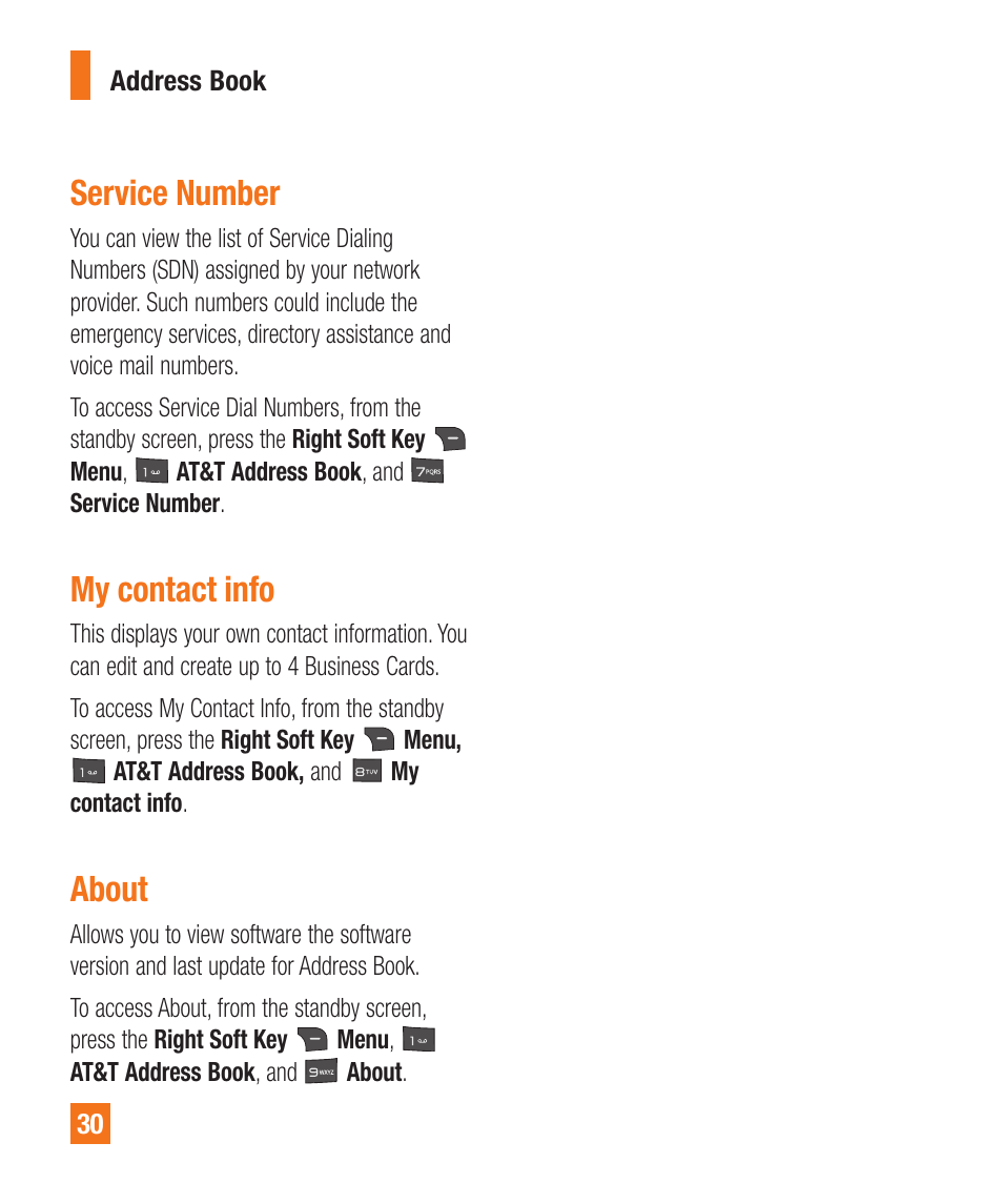 Service number, My contact info, About | LG A340 User Manual | Page 30 / 113