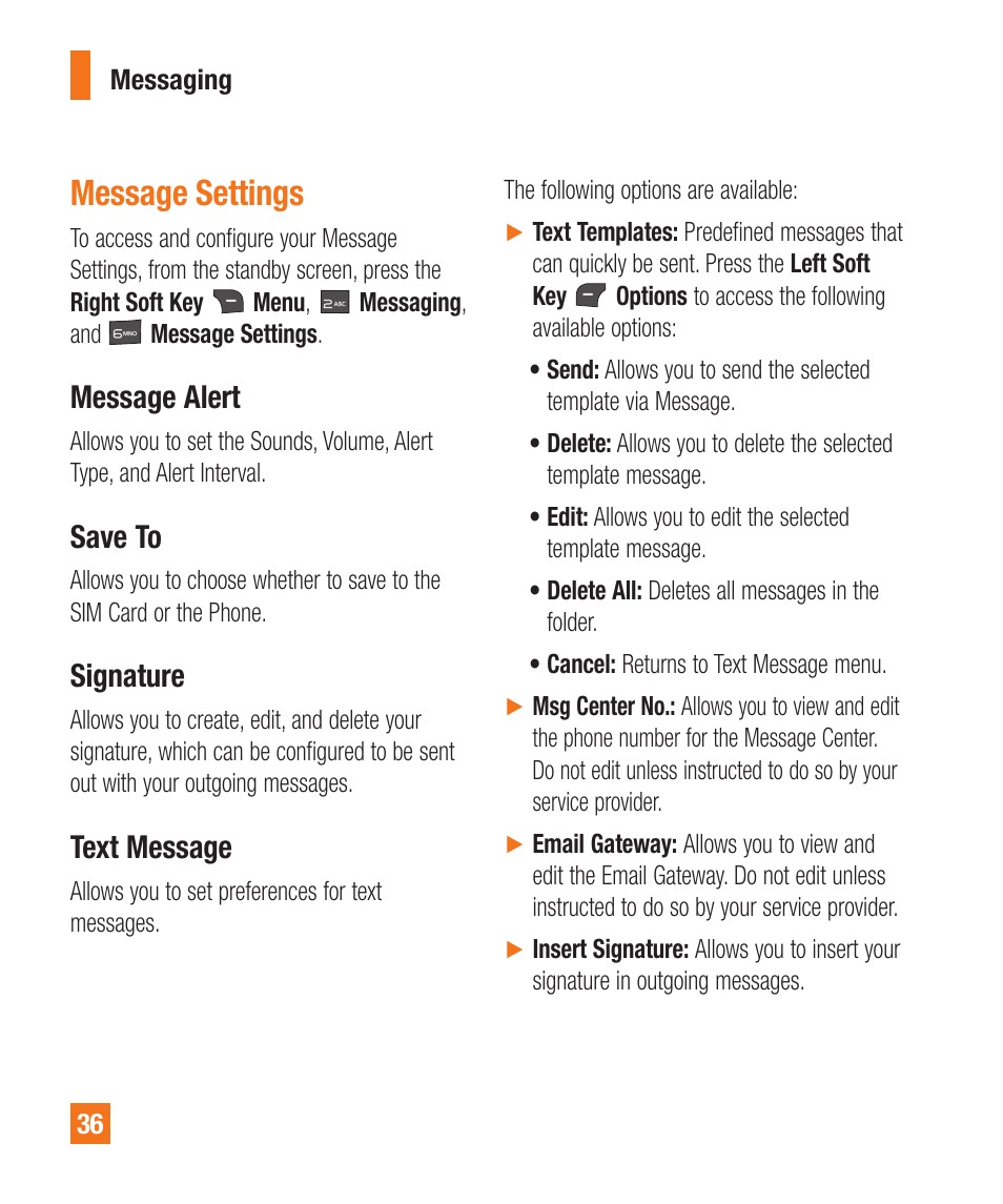 Message settings, Message alert, Save to | Signature, Text message | LG A340 User Manual | Page 36 / 113