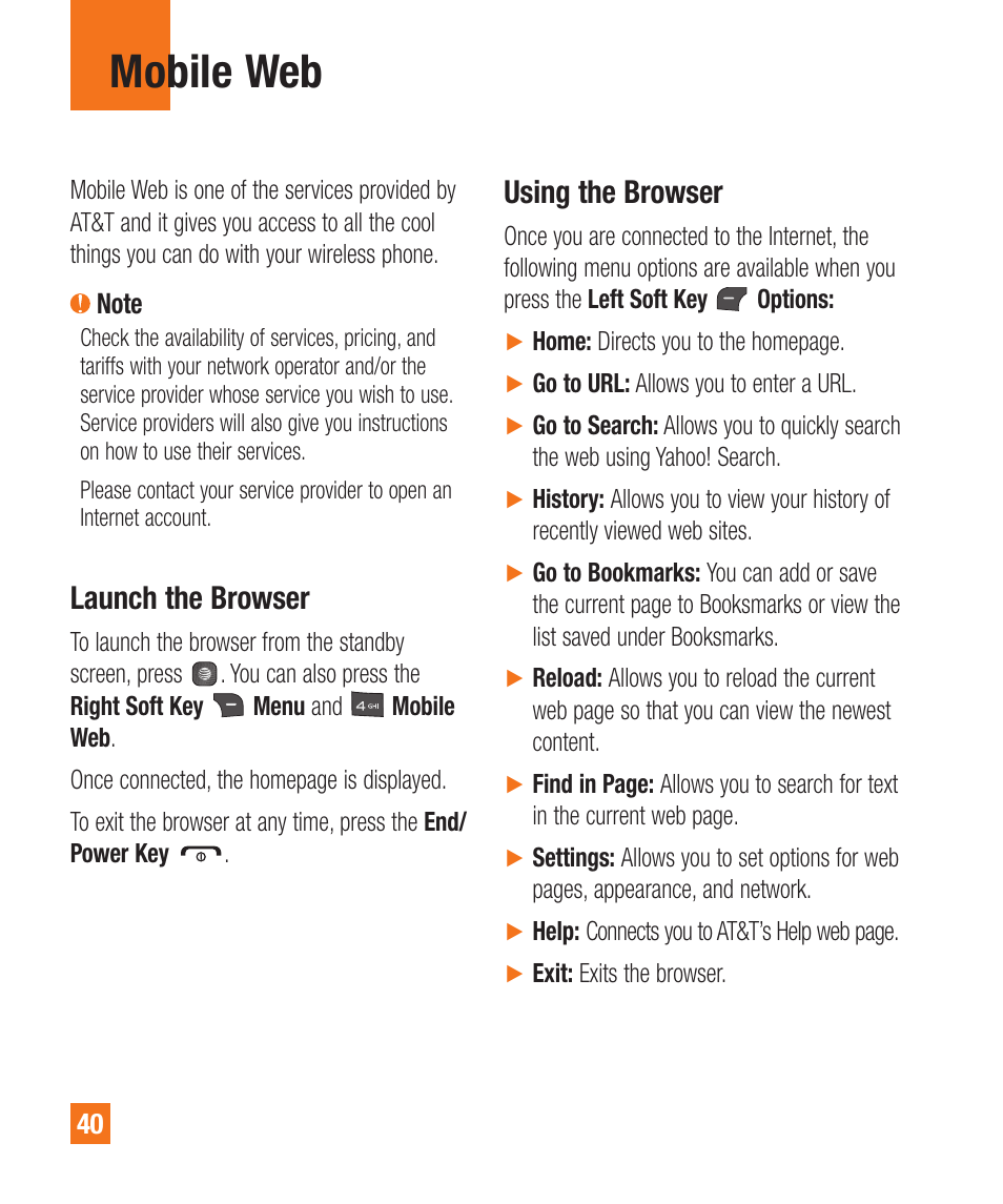 Mobile web, Launch the browser, Using the browser | LG A340 User Manual | Page 40 / 113