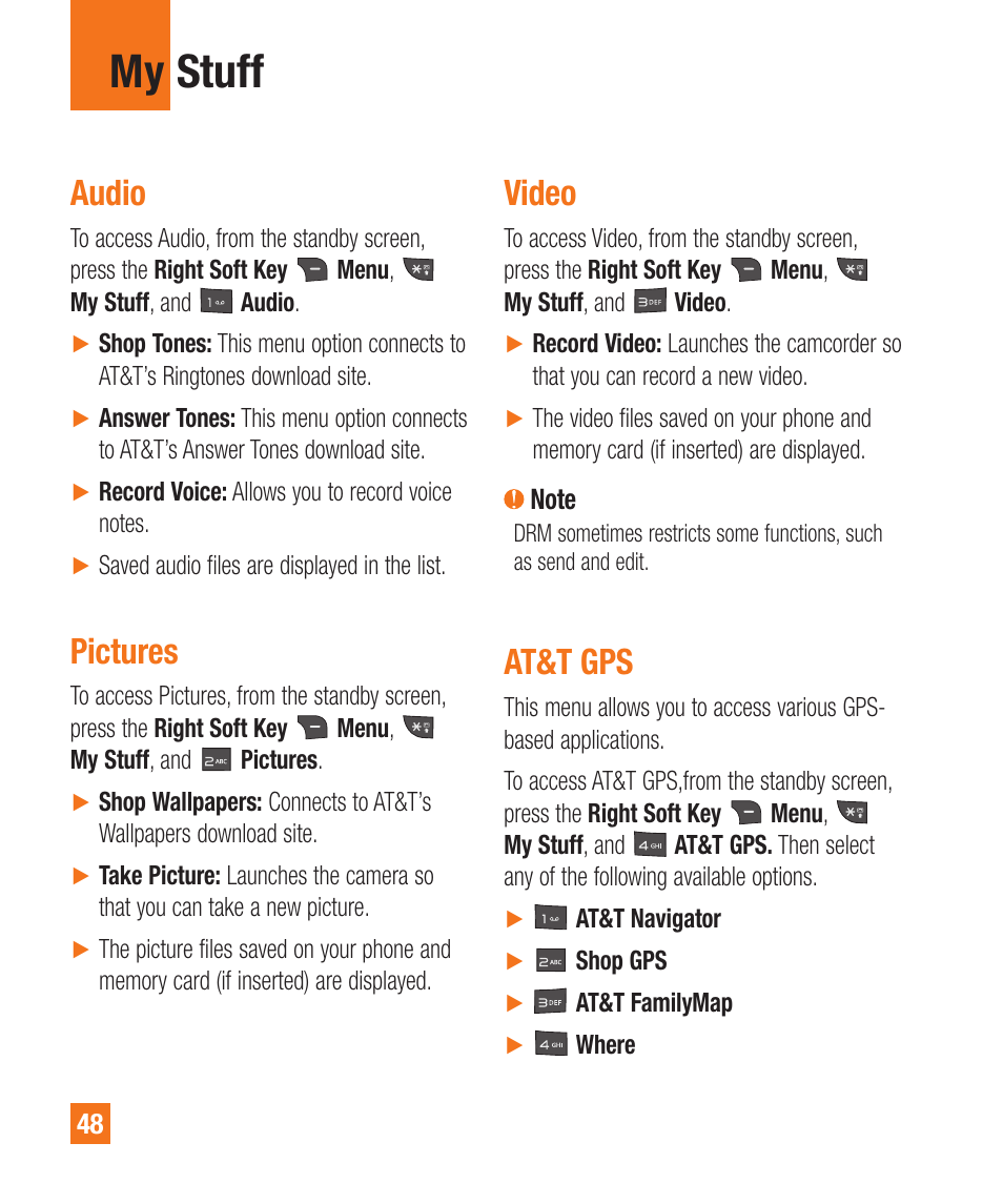 My stuff, Audio, Pictures | Video, At&t gps | LG A340 User Manual | Page 48 / 113