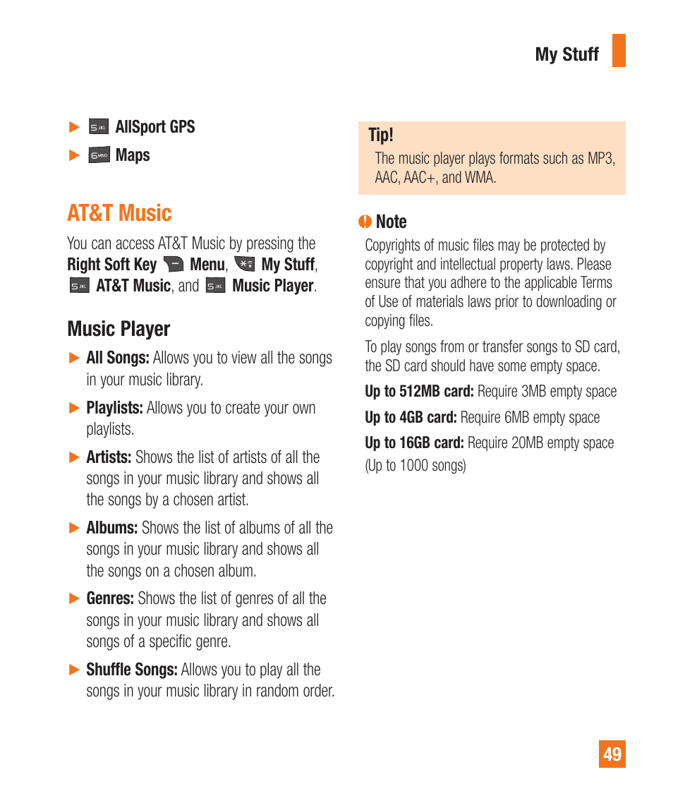 At&t music, Music player | LG A340 User Manual | Page 49 / 113