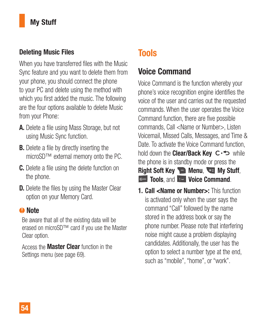 Tools, Voice command | LG A340 User Manual | Page 54 / 113