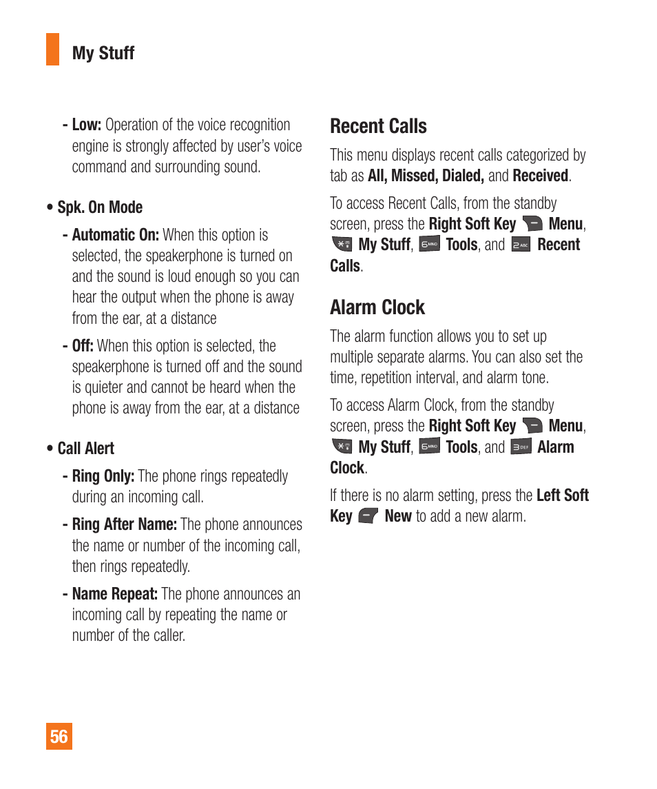 Recent calls, Alarm clock | LG A340 User Manual | Page 56 / 113