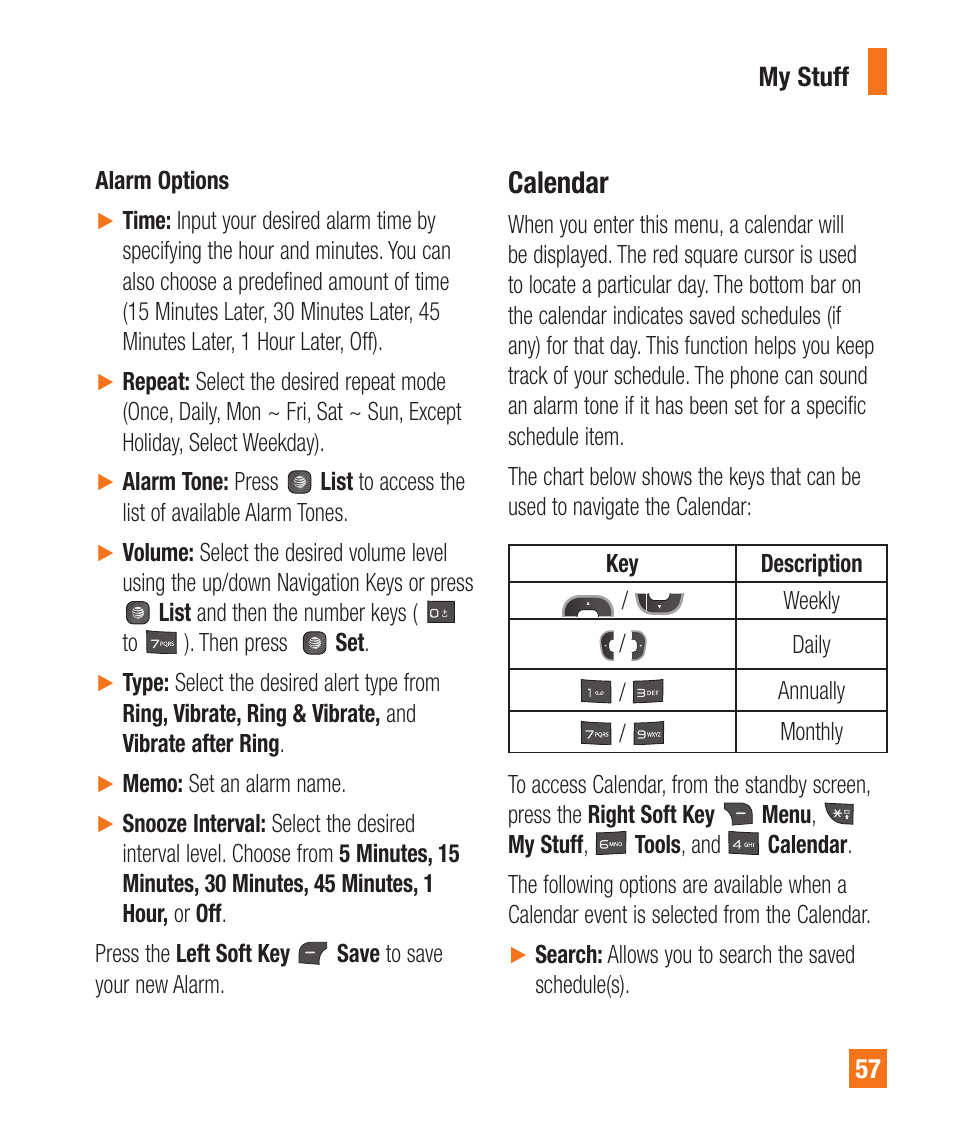 Calendar | LG A340 User Manual | Page 57 / 113