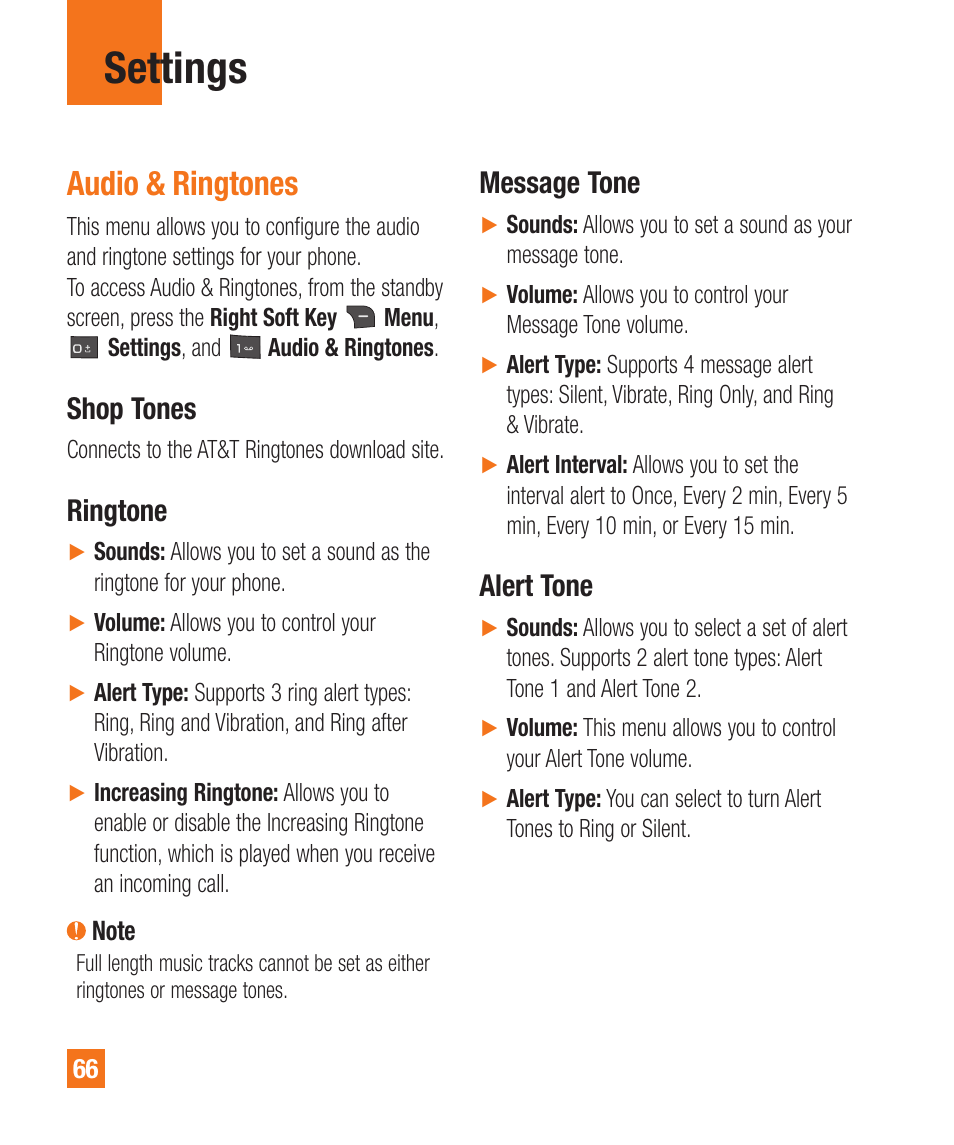 Settings, Audio & ringtones, Shop tones | Ringtone, Message tone, Alert tone | LG A340 User Manual | Page 66 / 113