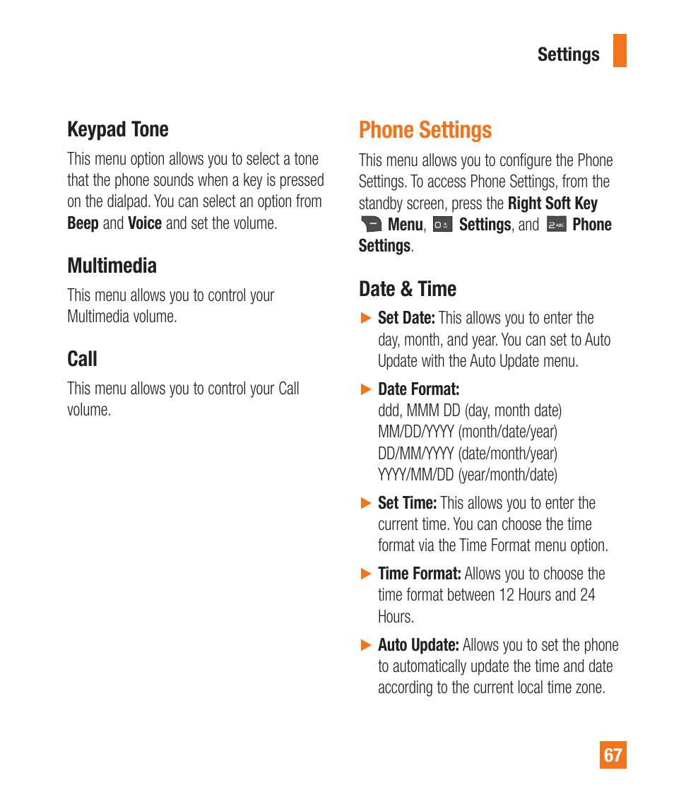 Keypad tone, Multimedia, Call | Phone settings, Date & time | LG A340 User Manual | Page 67 / 113